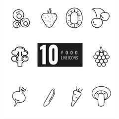 Black and white healthy food vector set. Vegetable, fruit line, autline, summer, autumn, diet collection. For websites, mobile applications, illustrations.