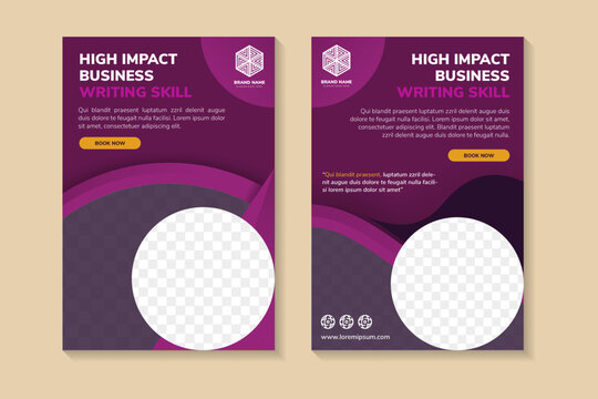 vertical layout of flyer design template for high impact business. circle shape for space for photo. dark pink element. dark purple background with infographic ornament.