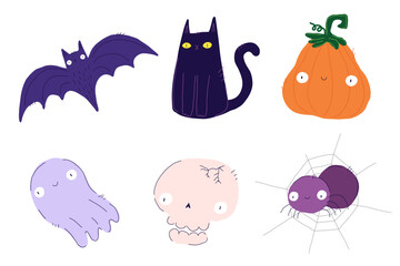 Halloween spider, pumpkin, cauldron, skull, candy, cat, witch, hat. Halloween set. Hand drawn flat cartoon character illustration. Vector illustration on a white background.