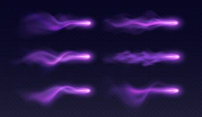 Magic arrows effect, purple light trails with colorful haze, realistic witch spell blast in motion. Vector illustration.