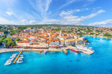 Aerial view with Krk town in Krk island, Croatia - obrazy, fototapety, plakaty