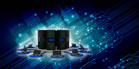 3d illustration Data center server connected computer network
