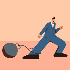 A man is restrained by a ball and chain. a person is cuffed by a weight. a businessman locked in a chain of debt. Vector illustration