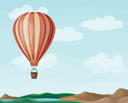 Air balloon. An image of a balloon for flying and traveling. Hot air balloon. Multicolored balloon on the background of clouds and mountains. Vector illustration isolated on a blue background.