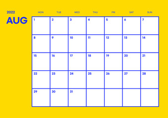 August 2022 simple design digital and printable calendar template illustration. Notes, scheduler, diary, calendar, memo, planner document template background. 