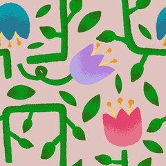 Illustrated flowers seamless repeat pattern