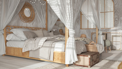 Bedroom close up with canopy bed in white and beige tones. Natural wallpaper, blankets, duvet and pillows. Bohemian rattan and wooden furniture. Boho style interior design
