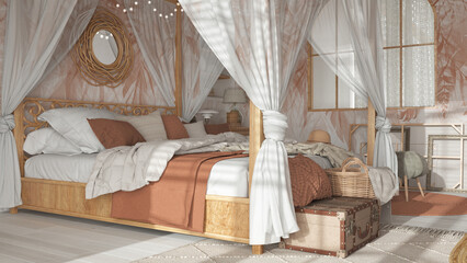 Bedroom close up with canopy bed in white and orange tones. Natural wallpaper, blankets, duvet and pillows. Bohemian rattan and wooden furniture. Boho style interior design