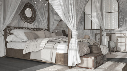 Bedroom close up with canopy bed in white and dark tones. Natural wallpaper, blankets, duvet and pillows. Bohemian rattan and wooden furniture. Boho style interior design
