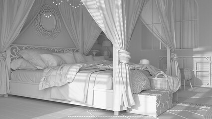 Fototapeta na wymiar Total white project draft, bedroom close up with canopy bed. Blankets, duvet and pillows. Bohemian rattan and wooden furniture. Boho style interior design