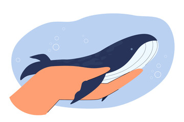 Little whale on human hand flat vector illustration. People caring for marine underwater animals. Wildlife, creature, ecology, protection concept for banner, website design or landing web page