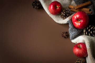 Frame of red ripe apples, cinnamons sticks, pine cones on brown background. Autumn harvest, autumn template from Thanksgiving