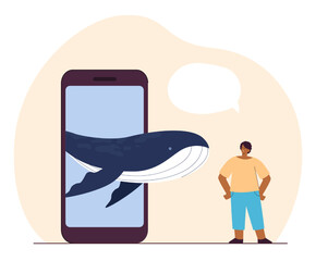 Girl and phone with whale on screen flat vector illustration. Smartphone displaying realistic animal. Virtual reality concept for banner, website design or landing web page