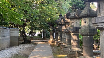 Stone lanterns at entrance of Japanese shrine, Ueno Toshogu shrine, built in 1627.  