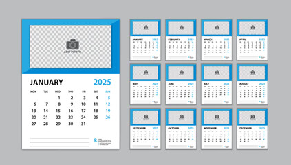 calendar 2025 template set on blue background, Desk calendar 2025 design, planner design, wall calendar template, Set of 12 Months, Week Starts on Monday, Poster, Yearly organizer, Stationery, vector