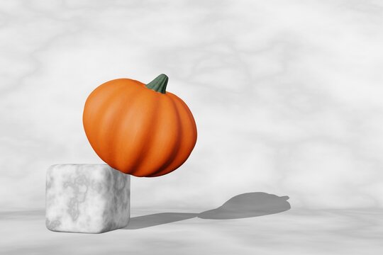 Fall creative concept pumpkin marble podium scene 3D render. Halloween Thanksgiving seasonal sale design. Product stage promotion showcase. Autumn art presentation. Trendy modern holiday decorations.