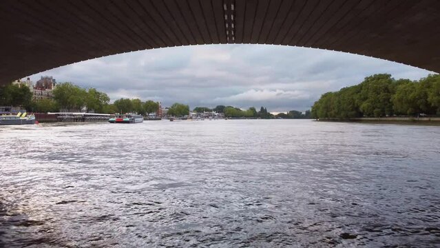 Drone flying under Putney Bridge in London.