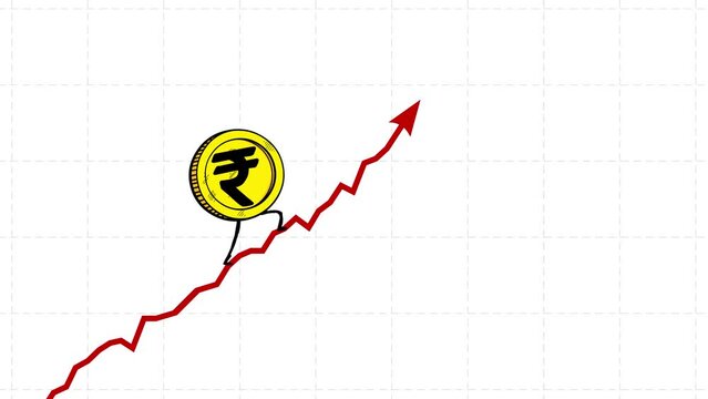 Indian rupee rate still goes up seamless loop. Walking up coin. Cartoon currency character rising fast. Funny business animation.