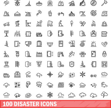 100 disaster icons set. Outline illustration of 100 disaster icons vector set isolated on white background