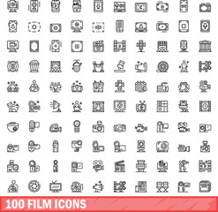 100 film icons set. Outline illustration of 100 film icons vector set isolated on white background