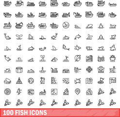 100 fish icons set. Outline illustration of 100 fish icons vector set isolated on white background