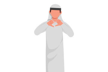 Business flat drawing unhappy Arabian businessman showing thumbs down sign gesture. Dislike, disagree, disappointment, disapprove, no deal. Emotion, body language. Cartoon design vector illustration