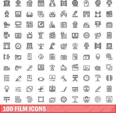 100 film icons set. Outline illustration of 100 film icons vector set isolated on white background
