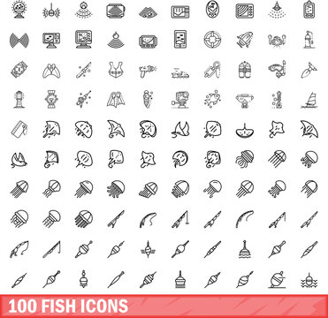 100 fish icons set. Outline illustration of 100 fish icons vector set isolated on white background