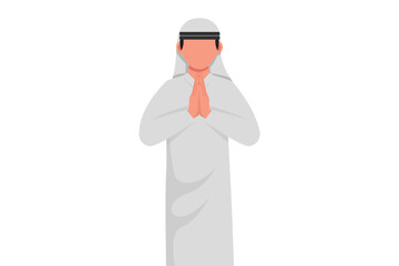 Business flat cartoon style drawing Arabian businessman in closed eyes praying hands together. Person holding palms in prayer. Human emotion, body language gesture. Graphic design vector illustration