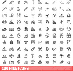 Fototapeta na wymiar 100 hike icons set. Outline illustration of 100 hike icons vector set isolated on white background