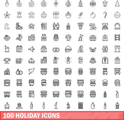 100 holiday icons set. Outline illustration of 100 holiday icons vector set isolated on white background