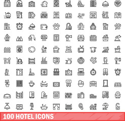 100 hotel icons set. Outline illustration of 100 hotel icons vector set isolated on white background - obrazy, fototapety, plakaty