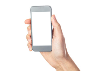 Hand holding black smartphone isolated on white background, clipping path