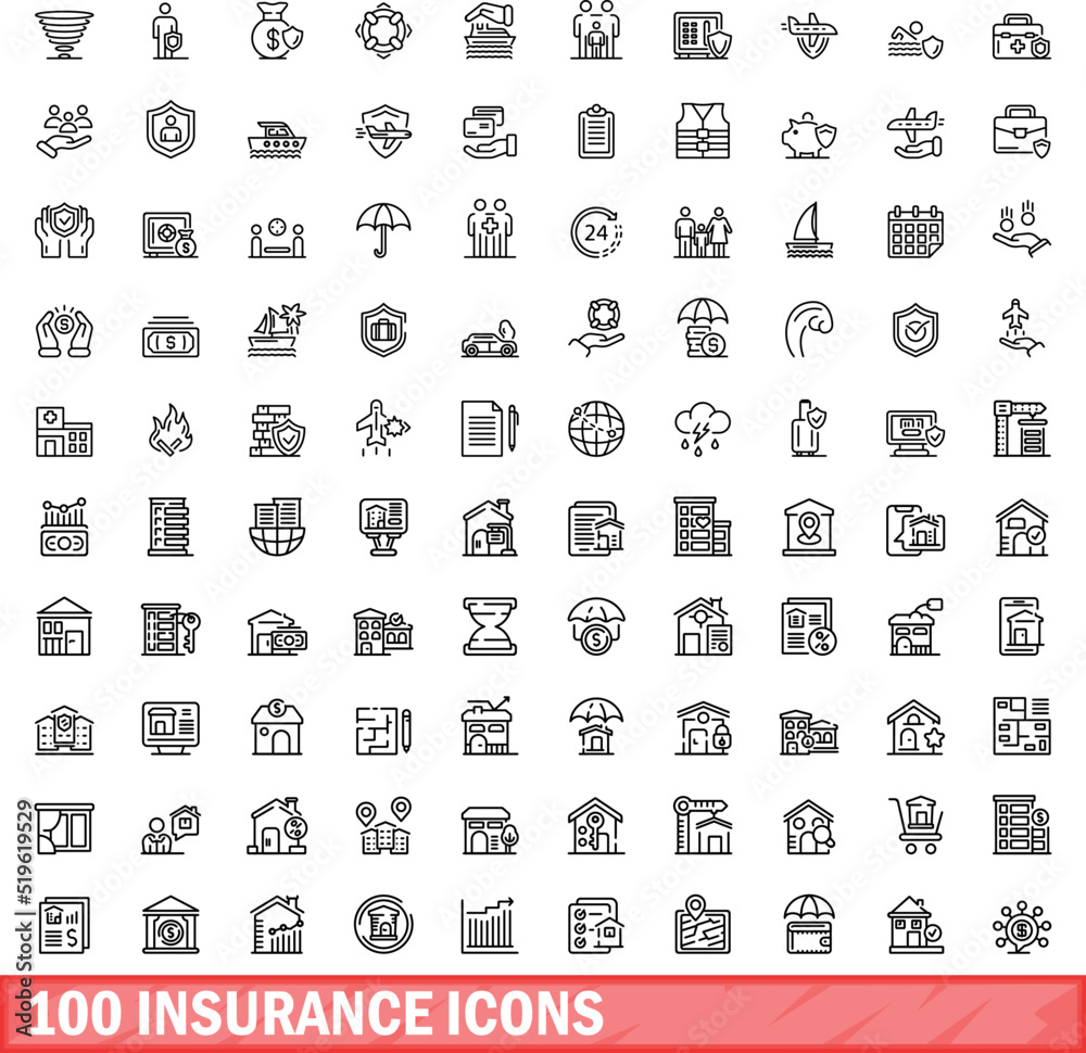 Wall mural 100 insurance icons set. outline illustration of 100 insurance icons vector set isolated on white ba - Wall murals