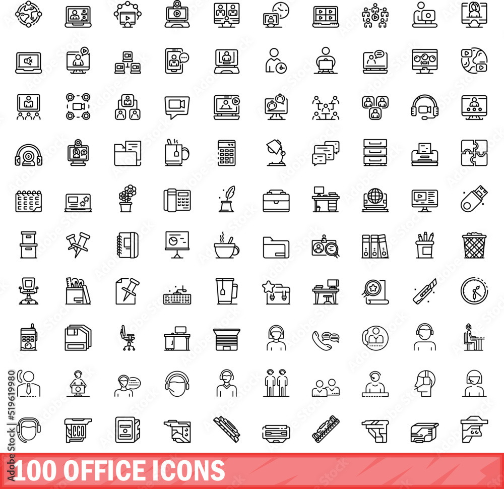 Sticker 100 office icons set. Outline illustration of 100 office icons vector set isolated on white background - Stickers