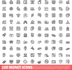 100 money icons set. Outline illustration of 100 money icons vector set isolated on white background