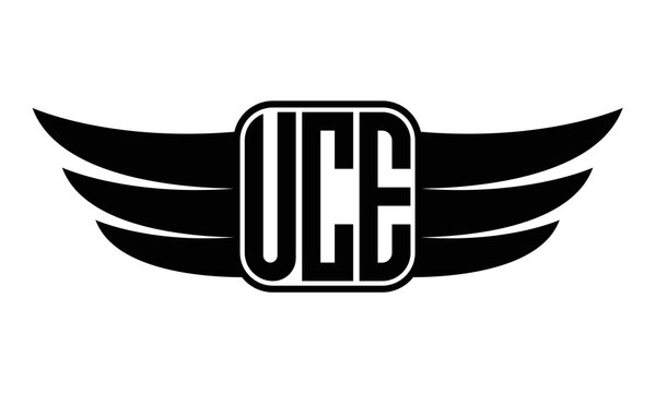 UCE three Letter wing minimalist creative concept icon eagle symbol professional black and white logo design, Vector template