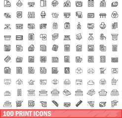 Obraz na płótnie Canvas 100 print icons set. Outline illustration of 100 print icons vector set isolated on white background