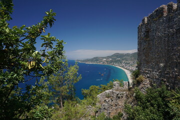 The walls of Alanya Castle and Cleopatra beach from the hill, Alanya Antalya Turkey