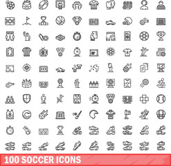100 soccer icons set. Outline illustration of 100 soccer icons vector set isolated on white background