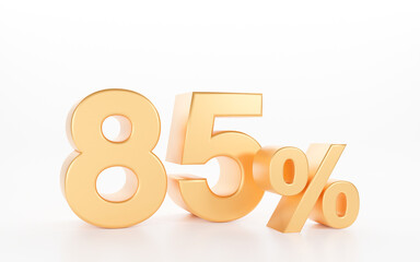 3D gold 85 percent  isolated on white background. Used in banner ads discount, Interest, finance and online shopping concept golden eighty five percent off, On sale, Great deal, depreciate, coupon.