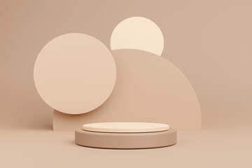 3D Cylinder beige color pedestal podium on background. Nude cream empty showcase for cosmetic product. mockup Stage for the awards ceremony, exhibition plinth stand, 3D rendering.	

