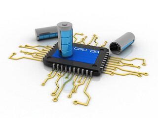 3d rendering latest computer microchips with battery