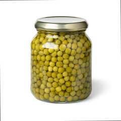 Closed glass jar with small green peas isolated on white background