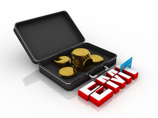 3d rendering Gold coins on briefcase with debit card swiping EMI