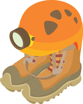 Caving equipment icon isometric vector. Caving helmet with lantern, trekking shoe. Speleological equipment, spelunking