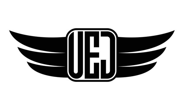 UEJ three Letter wing minimalist creative concept icon eagle symbol professional black and white logo design, Vector template