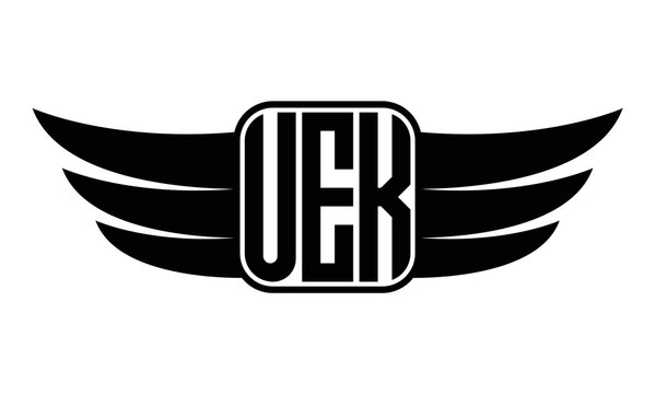 UEK three Letter wing minimalist creative concept icon eagle symbol professional black and white logo design, Vector template