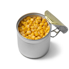Open tin can with preserved corn isolated on white background
