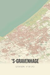 's-Gravenhage, Zuid-Holland, Randstad region vintage street map. Retro Dutch city plan.